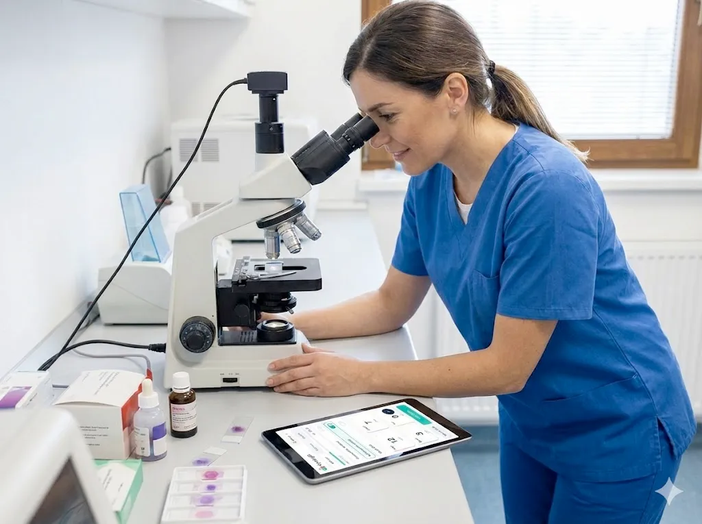 Veterinary laboratory technician using a microscope
