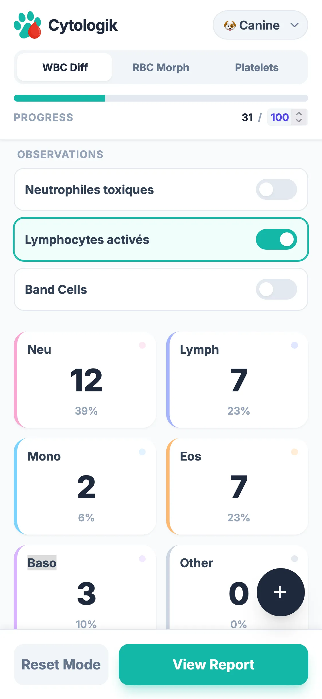 Cytologik mobile screenshot showing differential counting grid screen